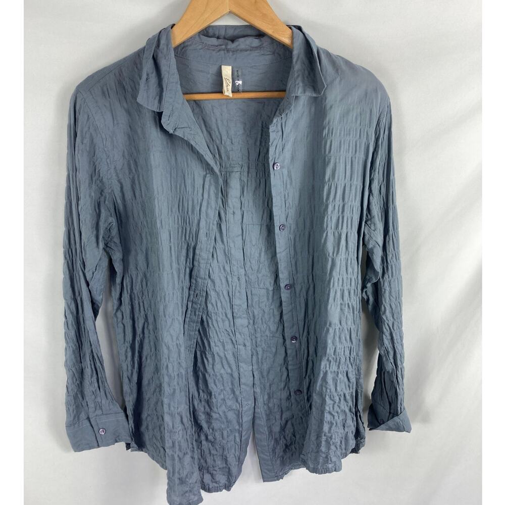 Elan Blue Crinkle Button Up Long Sleeve Blouse Size Small